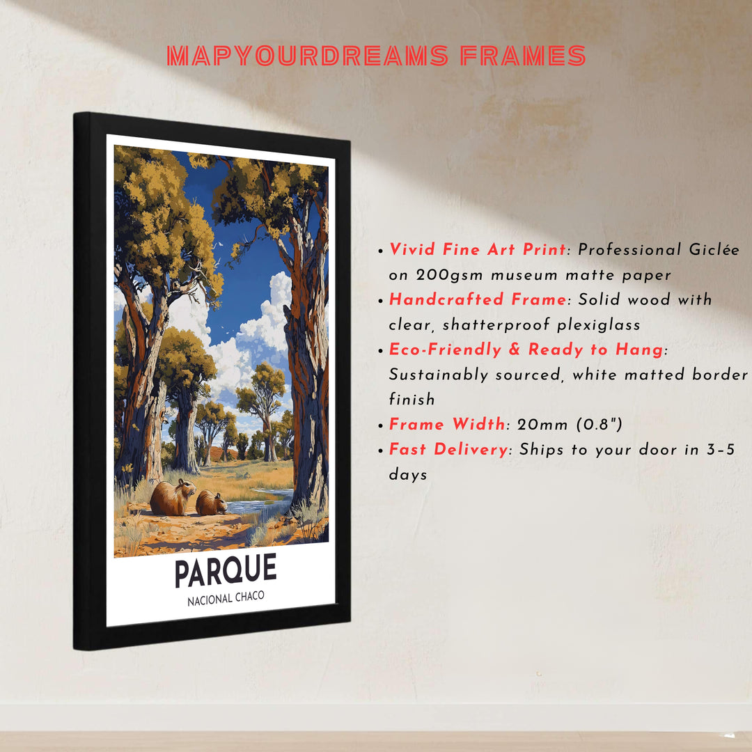 Painterly South American national park poster highlighting capybaras resting in the shade of ancient trees. Handcrafted by MapYourDreams, customers can select from convenient options like unframed prints, ready-to-hang wooden frames, or gallery canvas wraps.