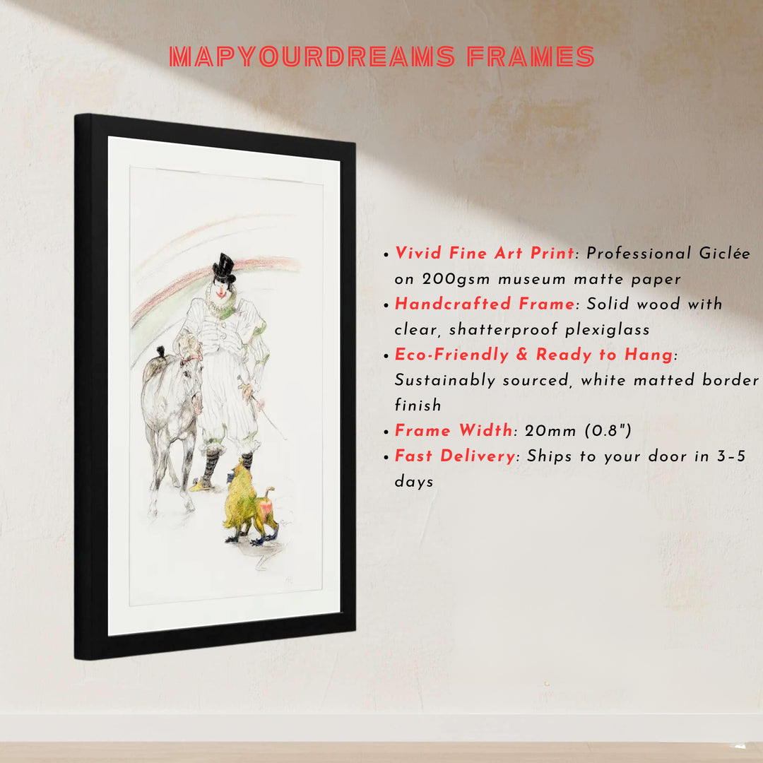 European post-impressionist print of Cheval Et Singe Dresses (1899), Henri de Toulouse-Lautrec capturing circus performance nostalgia near Paris, France. MapYourDreams presents quality framed wall art, unframed print options, and stretched canvas choices for curated home galleries.