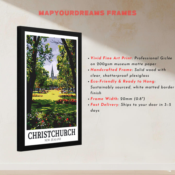 Famous South Island landmark views at Christchurch Botanic Gardens and Cathedral decorate this wall print piece. Buy high-grade framed, unframed, and canvas poster options at MapYourDreams for decor.