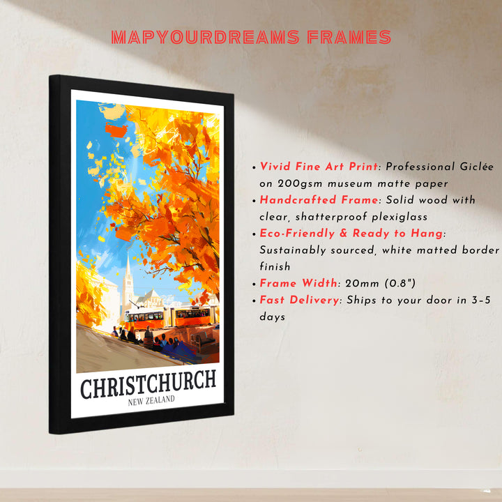 Famous South Island transport heritage in Cathedral Square decorates this Christchurch wall print piece. Buy high-definition framed, unframed, and canvas poster options at MapYourDreams.
