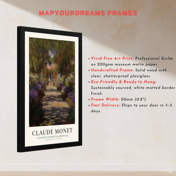Surrounding central perspective depth with meticulous botanical background foliage detail beneath elegant typography, this A Pathway In Monets Garden 1902 poster is a masterclass in classical impressionism. Offered by MapYourDreams, this artwork can be ordered as an unframed paper print, a sophisticated framed wall hanging, or a gallery-quality canvas.