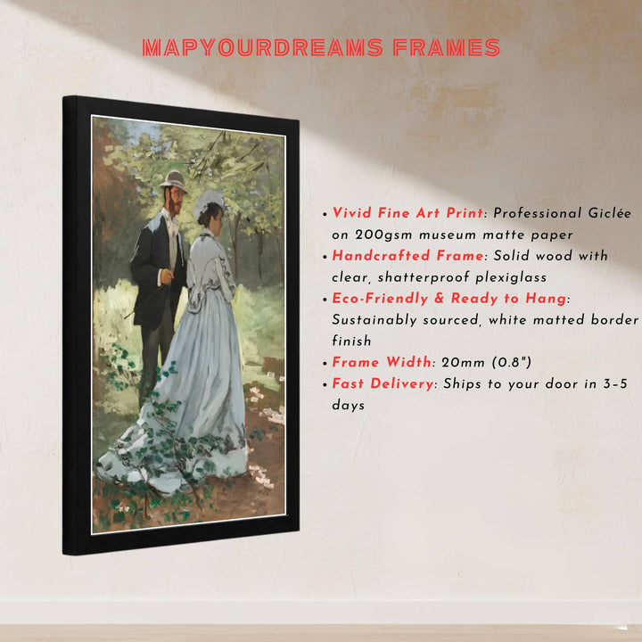 Surrounding central figure depth with meticulous woodland background foliage detail beneath elegant typography, this Bazille And Camille 1865 poster is a masterclass in classical impressionism. Offered by MapYourDreams, this artwork can be ordered as an unframed paper print, a sophisticated framed wall hanging, or a gallery-quality canvas.