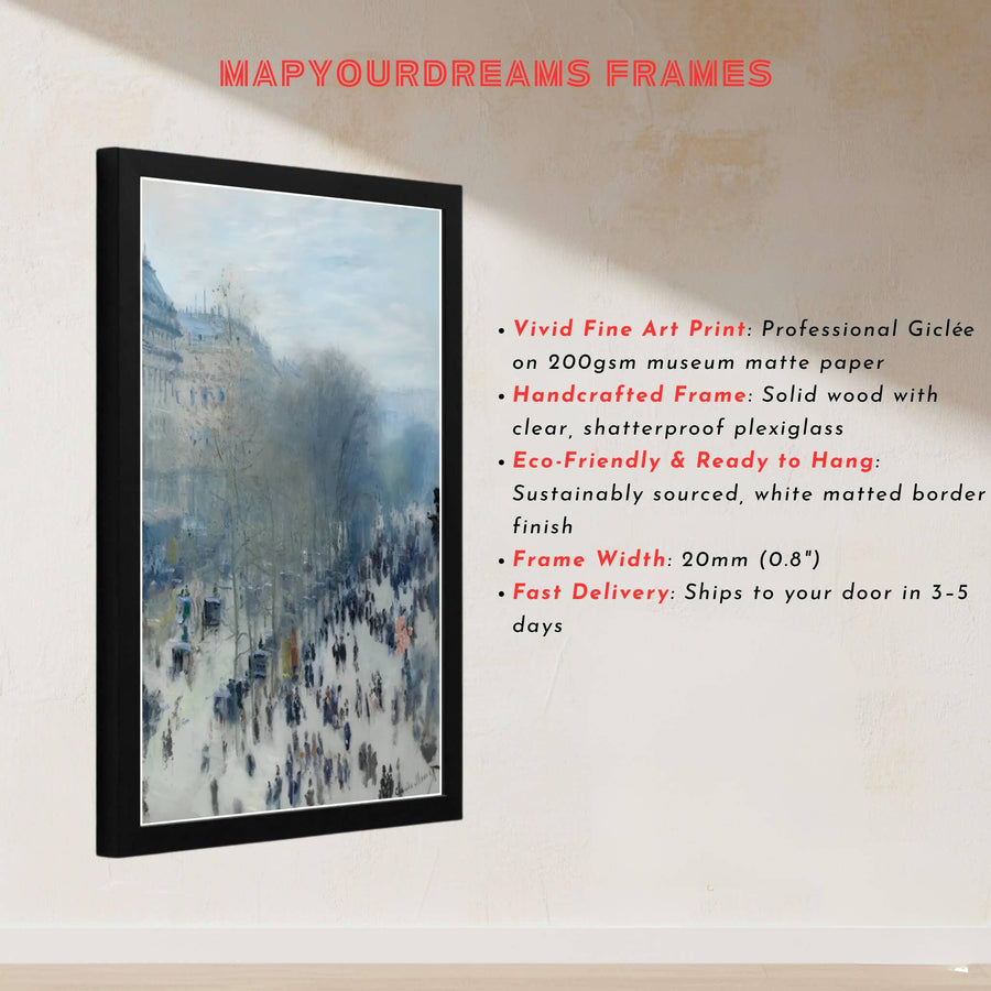 Surrounding central cityscape depth with meticulous urban background architecture detail beneath elegant typography, this Boulevard Des Capucines 1873 poster is a masterclass in classical impressionism. Offered by MapYourDreams, this artwork can be ordered as an unframed paper print, a sophisticated framed wall hanging, or a gallery-quality canvas.