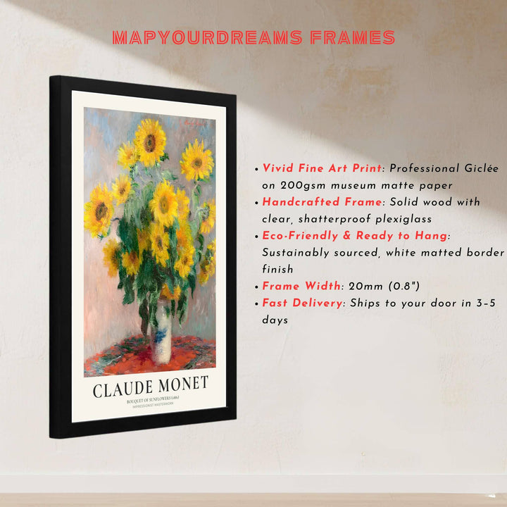 Surrounding central floral depth with meticulous background color wash detail beneath elegant typography, this Bouquet Of Sunflowers 1881 poster is a masterclass in classical impressionism. Offered by MapYourDreams, this artwork can be ordered as an unframed paper print, a sophisticated framed wall hanging, or a gallery-quality canvas.