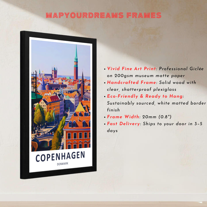 Detailed Denmark skyline poster featuring historic architecture and copper spires. Offered by MapYourDreams, this artwork is available in flexible options including unframed paper, custom wooden frames, and gallery canvas wraps.