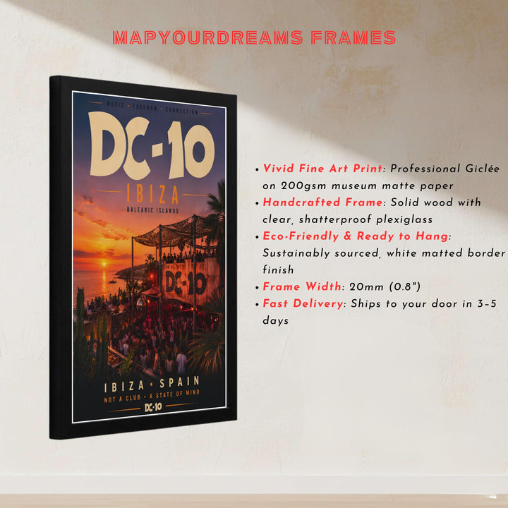 Electronic music enthusiast gift art poster featuring iconic venue facade at DC-10 in Ibiza, Spain, offered by MapYourDreams with catalog choices for an unframed matte paper poster, a durable gallery wrapped canvas, or custom framed wall art for music studios.