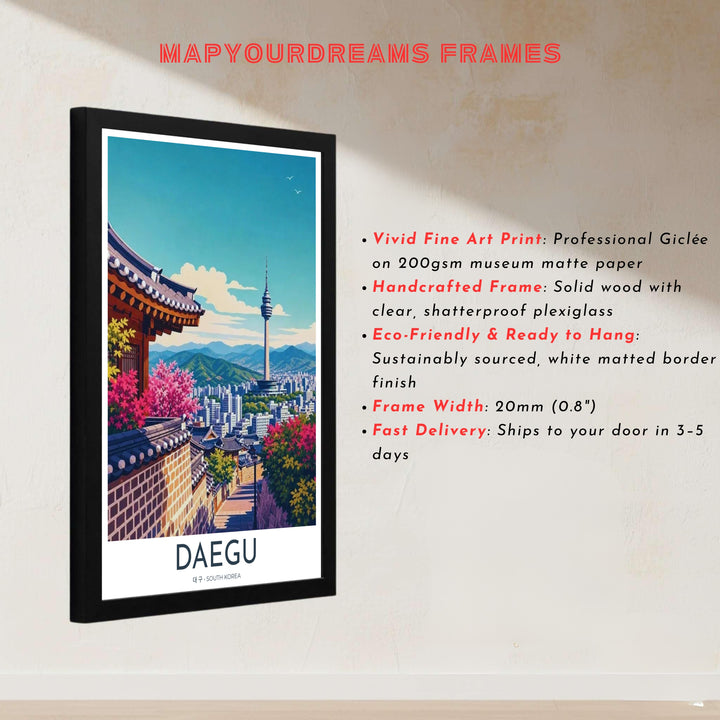 Architectural vector print honoring the urban heritage of Daegu, South Korea, with intricate wooden beamwork, clay-tiled roofs, and modern city landmarks. Offered by MapYourDreams, this artwork is available in flexible options including unframed paper, custom wooden frames, and gallery canvas wraps.