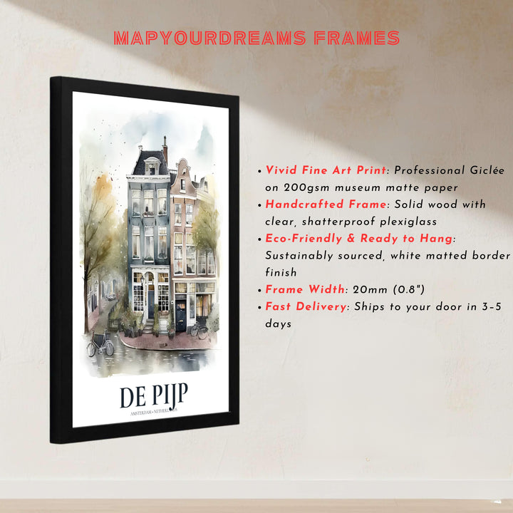 European street scene illustration showcasing De Pijp townhouses captured in soft, fluid watercolor tones, presented by MapYourDreams with choices for unframed poster prints, museum wrapped canvas, or custom frame finishes in black, white, pure gold, and retro white.