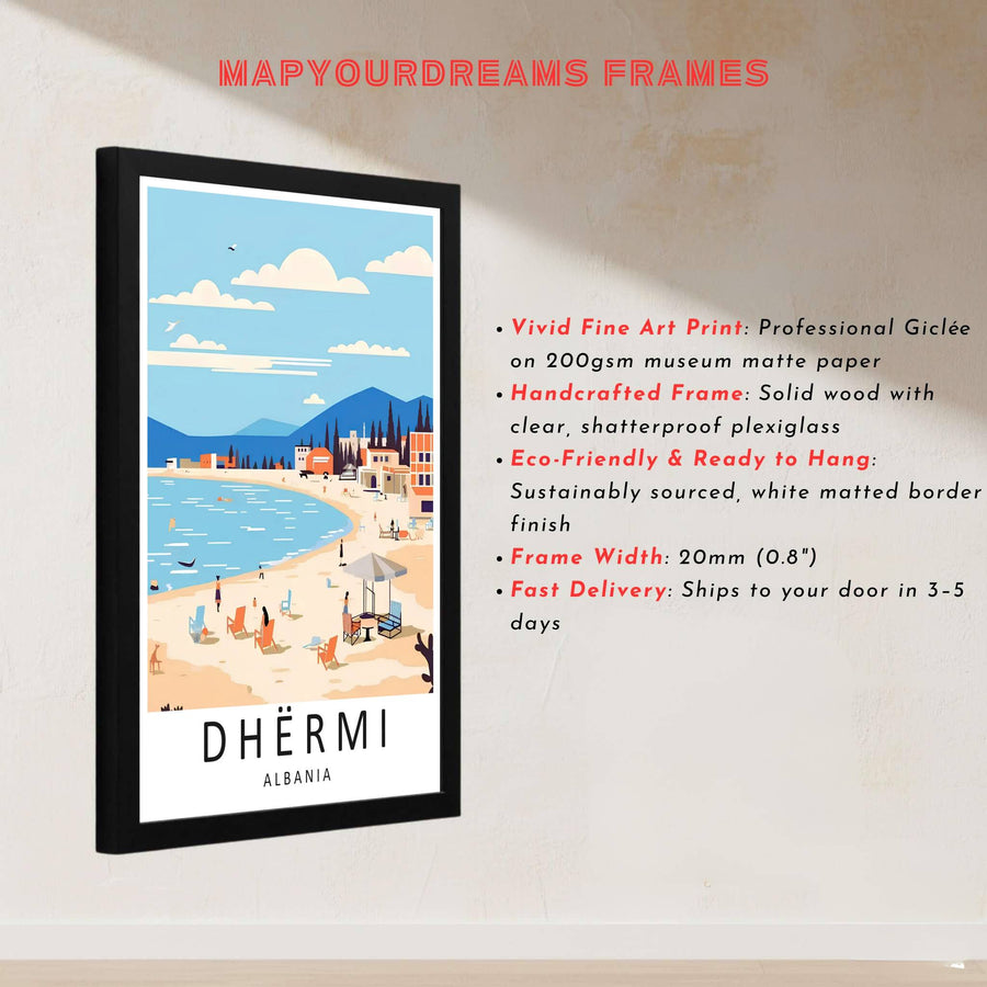 Geographic travel poster of Albania highlighting Dhërmi&