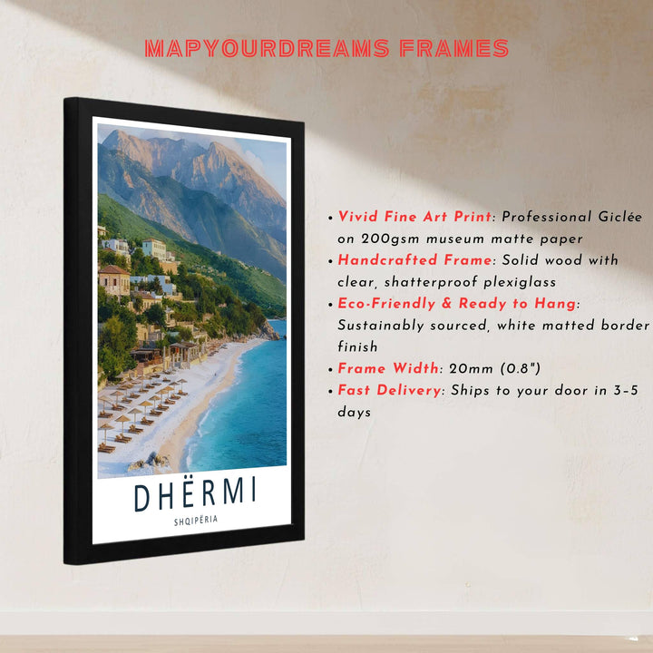 This scenic photo print of Dhërmi Beach in Albania highlights the natural beauty of the Ionian coastline with authentic color clarity. Discover versatile choices including unframed matte prints, custom-framed options, and dimensional canvas wraps.