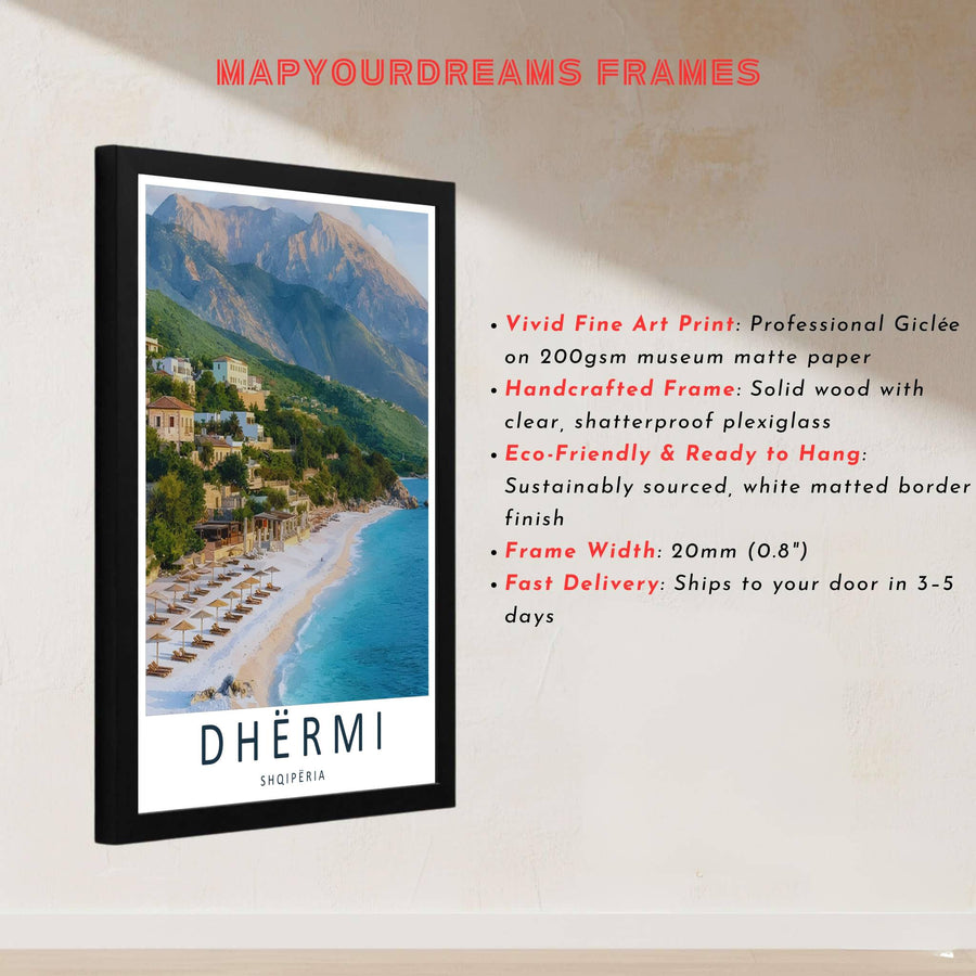 This scenic photo print of Dhërmi Beach in Albania highlights the natural beauty of the Ionian coastline with authentic color clarity. Discover versatile choices including unframed matte prints, custom-framed options, and dimensional canvas wraps.