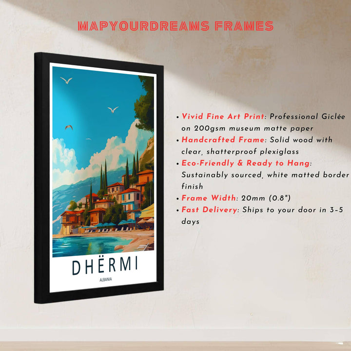 This stylized graphic poster of Dhërmi Albania combines seaside relaxation with architectural village scenery for a modern wall accent. Offered by MapYourDreams, this artwork is available in flexible options including unframed paper, custom wooden frames, and gallery canvas wraps.