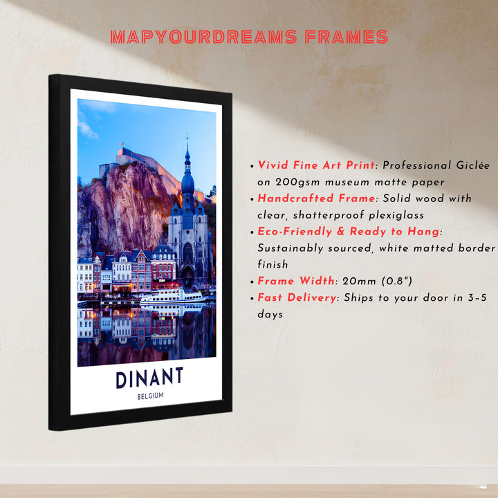Crisp real photo poster displaying the tranquil Meuse River reflection and town lights of Dinant, Belgium. Offered by MapYourDreams, this artwork is available in flexible options including unframed paper, custom wooden frames, and gallery canvas wraps.