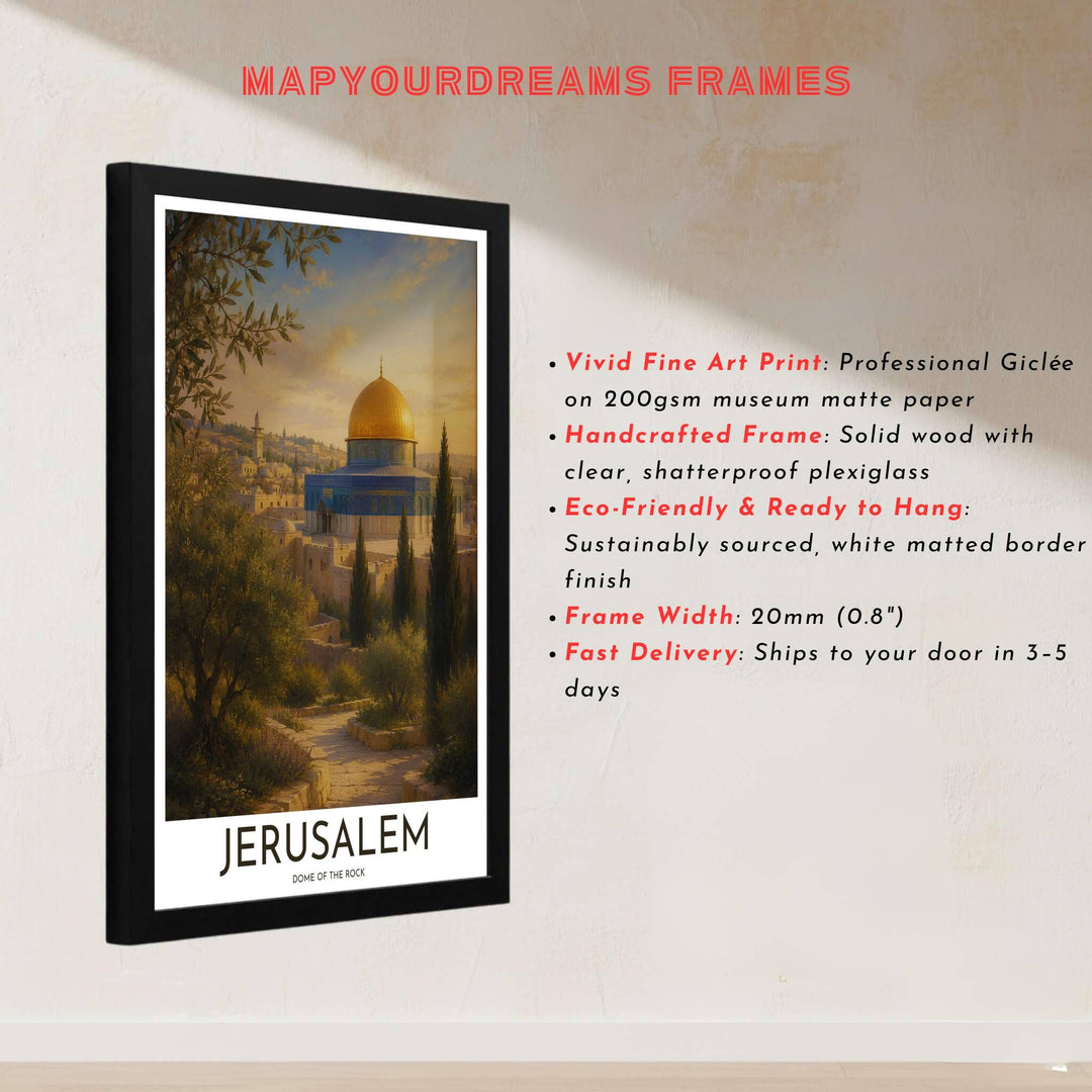Architectural landscape print of the sacred Dome of the Rock in Jerusalem Palestine with natural olive grove garden framing. Built by MapYourDreams, this artwork is available in flexible options including unframed paper, custom wooden frames, and gallery canvas wraps for modern apartment decor.