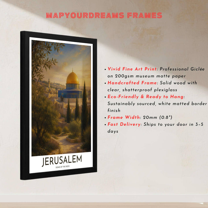 Architectural landscape print of the sacred Dome of the Rock in Jerusalem Palestine with natural olive grove garden framing. Built by MapYourDreams, this artwork is available in flexible options including unframed paper, custom wooden frames, and gallery canvas wraps for modern apartment decor.