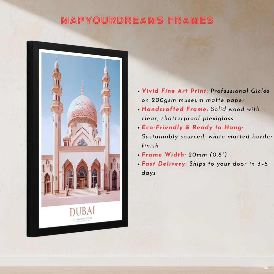 Architectural vector print of the sacred Jumeirah Mosque in Dubai with pointed arch entrances and dome lattice work. Built by MapYourDreams, this artwork is available in flexible options including unframed paper, custom wooden frames, and gallery canvas wraps for modern apartment decor.