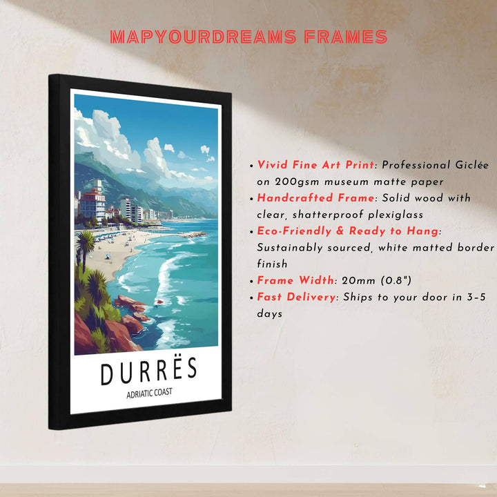 This stylized graphic poster of Durrës, Albania, combines seaside relaxation with modern beach resort architecture for a chic wall accent. Discover versatile options including unframed matte prints, custom wood frames, and dimensional canvas wraps.