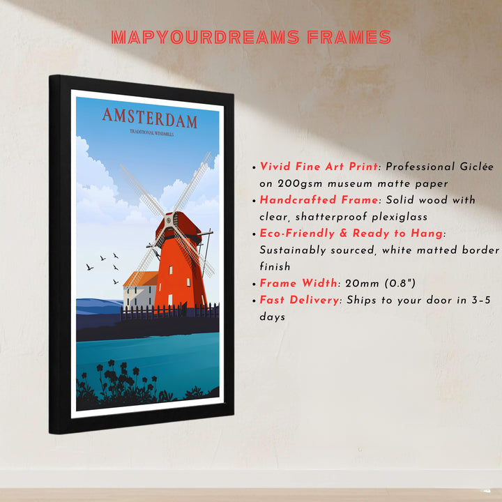 European landscape illustration showcasing a traditional red Dutch windmill captured in bold vector color blocks, presented by MapYourDreams with choices for unframed poster prints, museum wrapped canvas, or custom frame finishes in black, white, pure gold, and retro white.