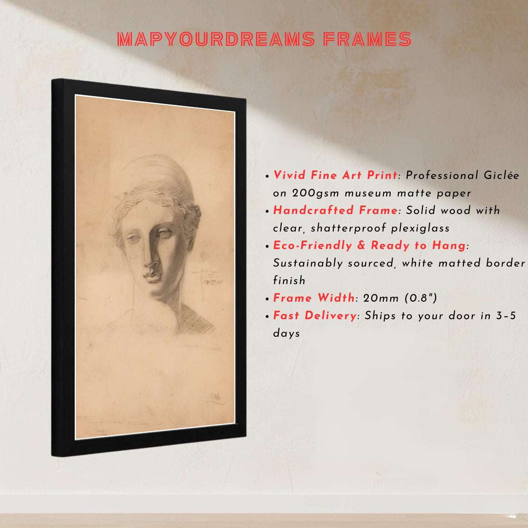 Elegant Greco Roman head statue poster print of Egon Schiele Antique Head Study 1905 preserved in Leopold Museum Vienna for dark academia interiors. MapYourDreams presents quality framed wall art, unframed poster options, and stretched canvas formats designed for cozy home library spaces.