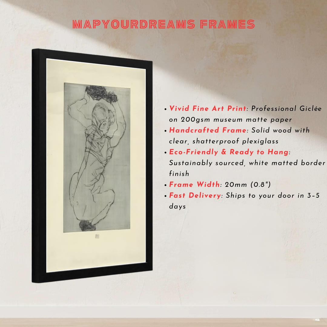 Striking Expressionist nude statue poster print of Egon Schiele Crouching Female Nude 1914 preserved in Leopold Museum Vienna for modern urban interiors. MapYourDreams presents quality framed wall art, unframed poster options, and stretched canvas formats designed for cozy home library spaces.