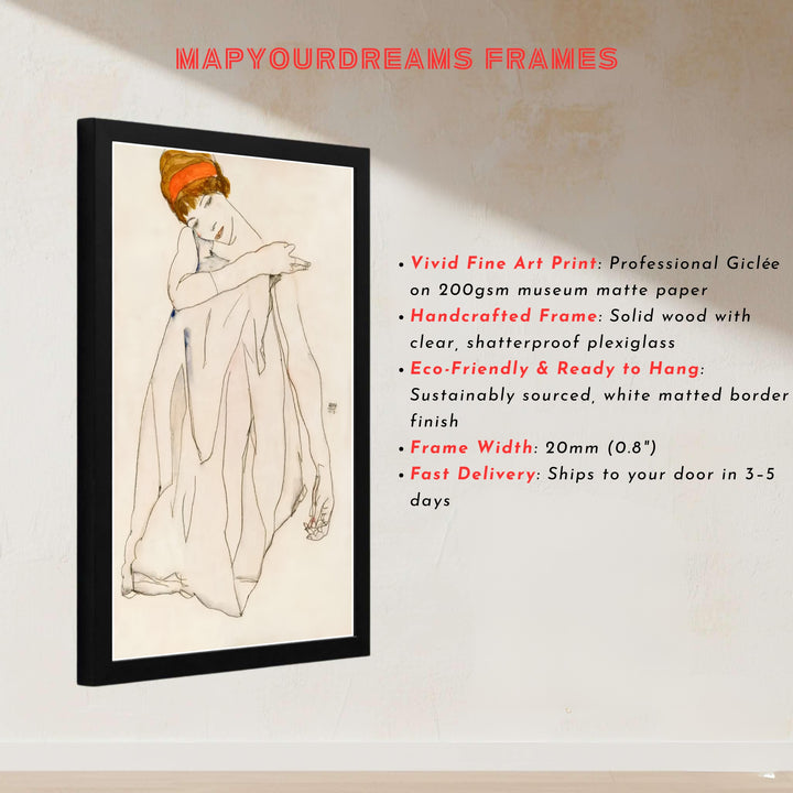 Monochrome and color accent figure study poster print of Egon Schiele Dancer Tanzerin 1913 from Albertina Museum Vienna displaying expressive posture. MapYourDreams provides premium framed prints, unframed paper wall poster decor, and stretched canvas choices for sophisticated art gallery walls.