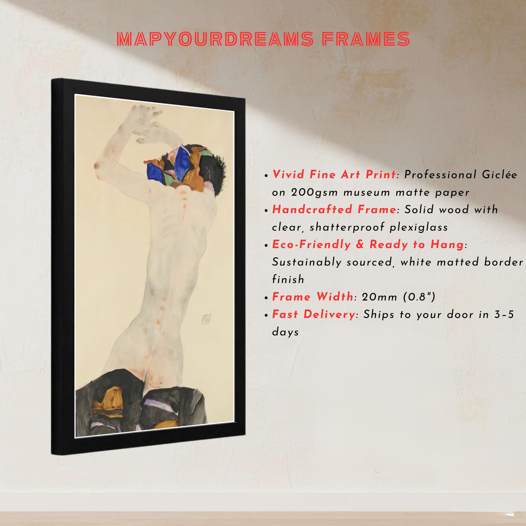 Striking Expressionist figure poster print of Egon Schiele Nude With Colorful Cloth 1911 preserved in Leopold Museum Vienna for modern loft interiors. MapYourDreams presents quality framed wall art, unframed poster options, and stretched canvas formats designed for cozy home library spaces.