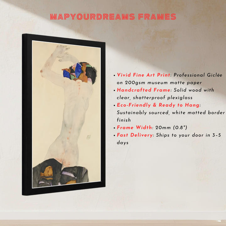 Striking Expressionist figure poster print of Egon Schiele Nude With Colorful Cloth 1911 preserved in Leopold Museum Vienna for modern loft interiors. MapYourDreams presents quality framed wall art, unframed poster options, and stretched canvas formats designed for cozy home library spaces.