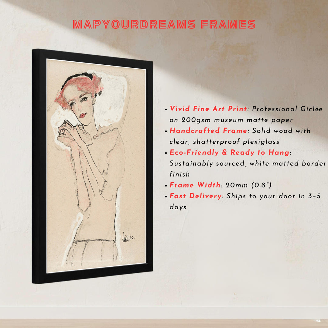 Striking Expressionist portrait poster print of Egon Schiele Portrait Of A Woman 1910 created in Vienna Austria for modern apartment interiors. MapYourDreams presents quality framed wall art, unframed poster options, and stretched canvas formats designed for cozy home library spaces.