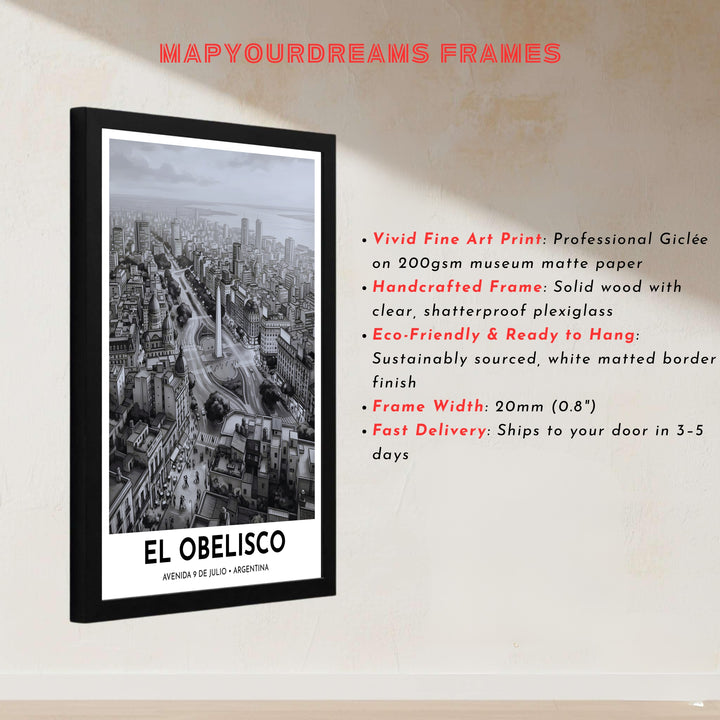 Elevated urban landscape illustration depicting El Obelisco in Buenos Aires framed by crisp white borders. Handcrafted by MapYourDreams, customers can select from convenient options like unframed prints, ready-to-hang wooden frames, or gallery canvas wraps.