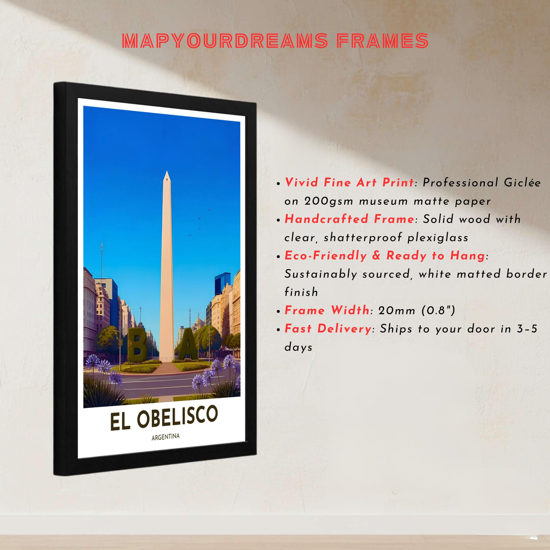 Vector style travel illustration depicting the iconic BA hedge sculpture and towering obelisk in central Argentina. Handcrafted by MapYourDreams, customers can select from convenient options like unframed prints, ready-to-hang wooden frames, or gallery canvas wraps.