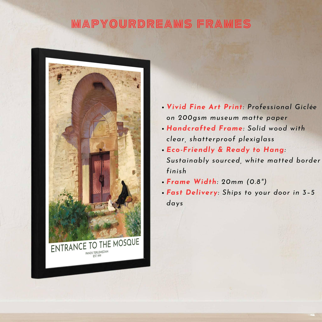 Architectural oil painting print of the historic Entrance to the Mosque by Panos Terlemezian with sunlit archway and rose wooden door. Built by MapYourDreams, this artwork is available in flexible options including unframed paper, custom wooden frames, and gallery canvas wraps for modern apartment decor.