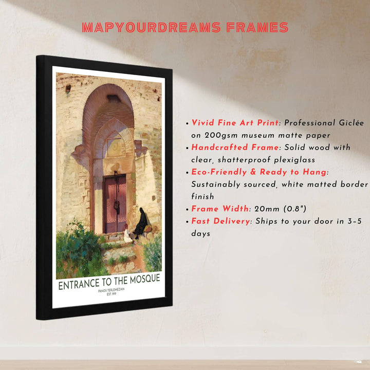 Architectural oil painting print of the historic Entrance to the Mosque by Panos Terlemezian with sunlit archway and rose wooden door. Built by MapYourDreams, this artwork is available in flexible options including unframed paper, custom wooden frames, and gallery canvas wraps for modern apartment decor.