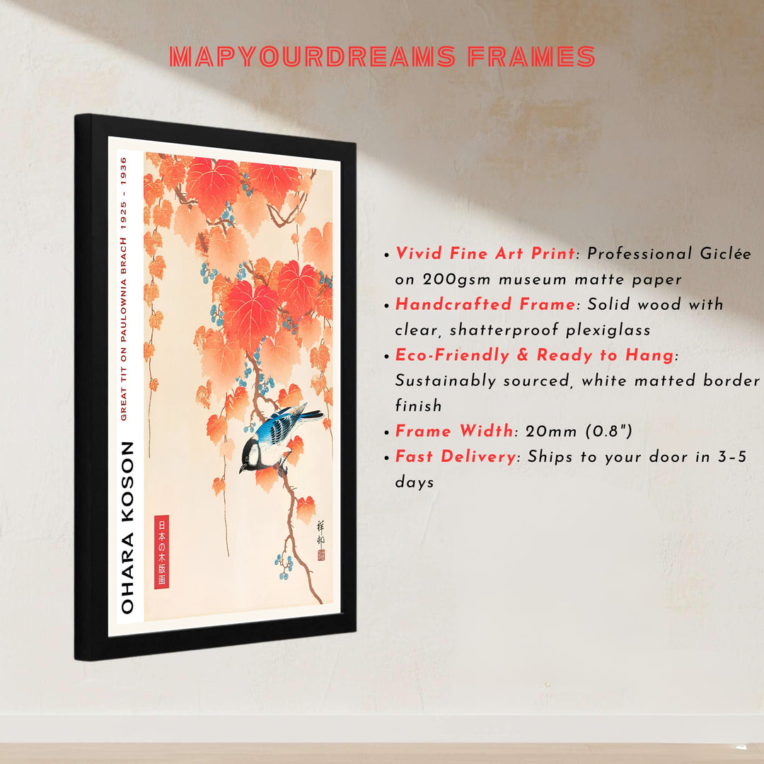 1925 1936 Japanese Kacho-ga poster by artist Ohara Koson featuring a Great Tit bird on a branch from a famous Tokyo museum collection. MapYourDreams presents quality framed, unframed, and canvas print options for home decor.