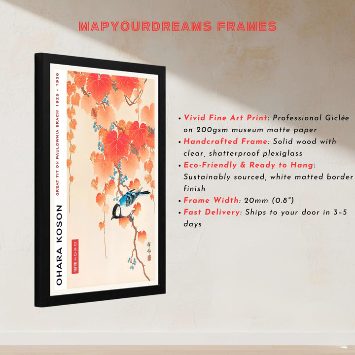 1925 1936 Japanese Kacho-ga poster by artist Ohara Koson featuring a Great Tit bird on a branch from a famous Tokyo museum collection. MapYourDreams presents quality framed, unframed, and canvas print options for home decor.