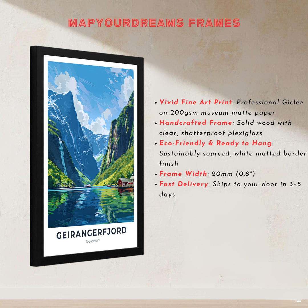 Detailed illustration of a cruise ship amidst the grand fjord landscapes of Geirangerfjord in Norway with steep rocky heights and falling water. Created by MapYourDreams, this fine art print is offered in custom framed styles, gallery quality stretched canvas, or simple unframed paper formats for easy framing.