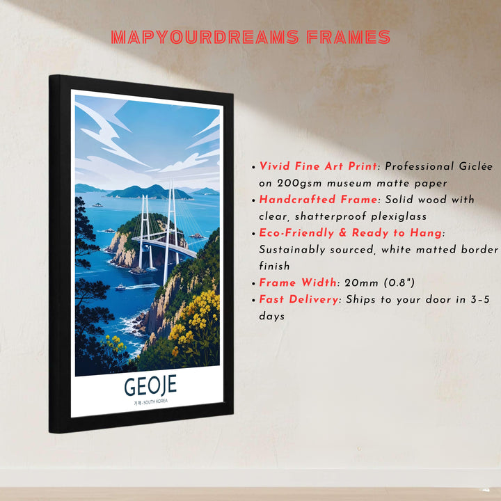 Architectural vector print honoring the coastal infrastructure of Geoje, South Korea, with geometric cable lines, towering white bridge pylons, and island landscapes. Offered by MapYourDreams, this artwork is available in flexible options including unframed paper, custom wooden frames, and gallery canvas wraps.