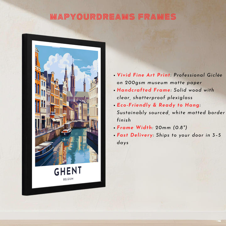 Crisp vector artwork displaying the idyllic canal view and historic quays of Ghent, Belgium. Offered by MapYourDreams, this artwork is available in flexible options including unframed paper, custom wooden frames, and gallery canvas wraps.