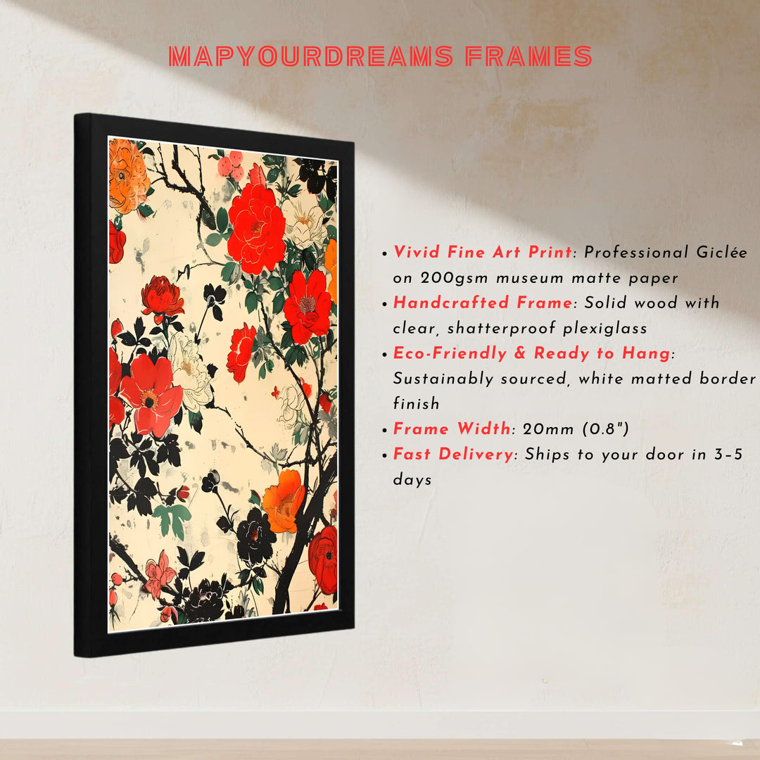 Japanese Ukiyo-e floral poster by artist Katsushika Hokusai featuring peony branches from a famous Tokyo museum collection. MapYourDreams presents quality framed, unframed, and canvas print options for home decor.
