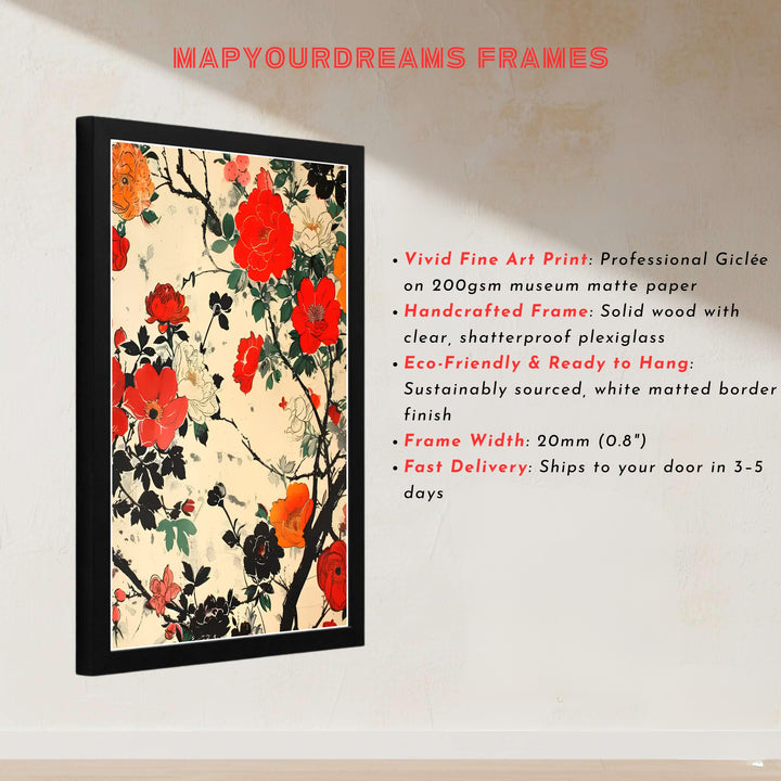 Japanese Ukiyo-e floral poster by artist Katsushika Hokusai featuring peony branches from a famous Tokyo museum collection. MapYourDreams presents quality framed, unframed, and canvas print options for home decor.