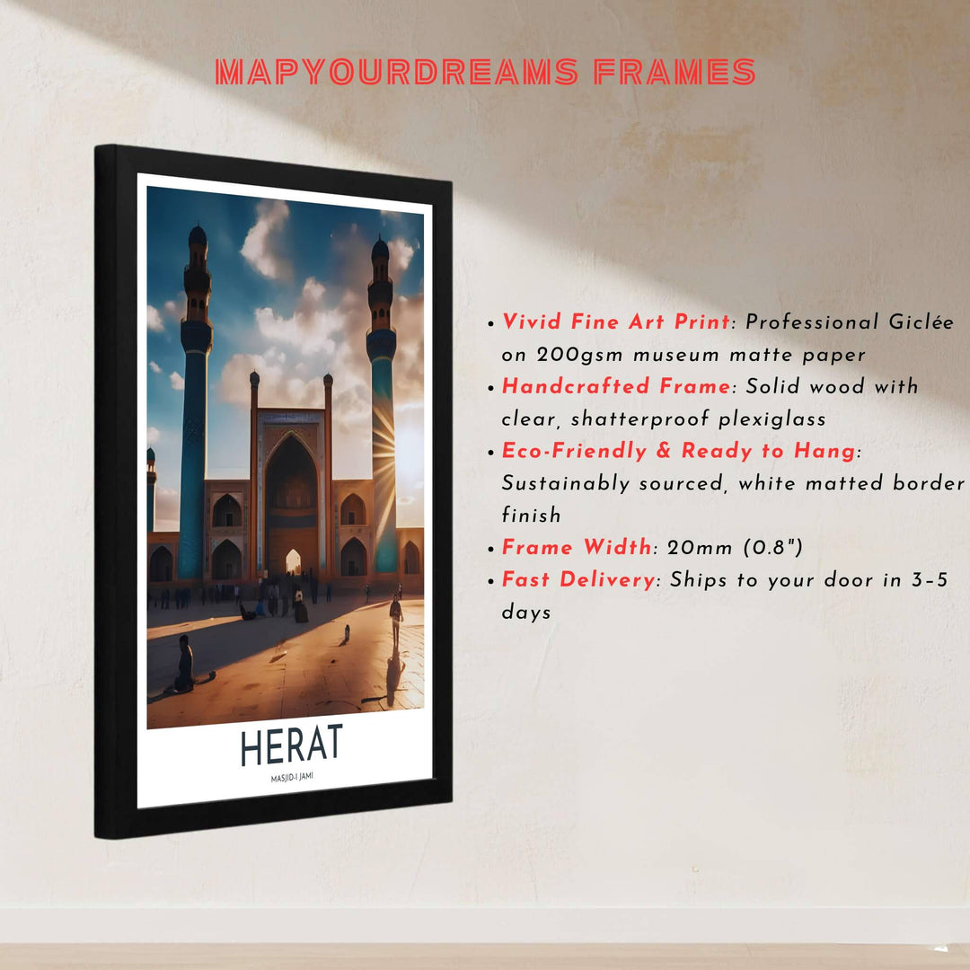 Architectural photo print of the sacred Great Mosque of Herat in Afghanistan with golden hour courtyard shadows. Built by MapYourDreams, this artwork is available in flexible options including unframed paper, custom wooden frames, and gallery canvas wraps for modern apartment decor.