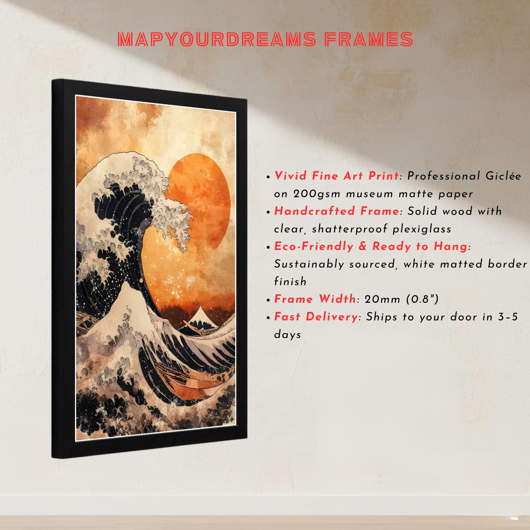 Japanese Ukiyo-e sunset wave poster by artist Katsushika Hokusai featuring Mount Fuji beneath a red sun off Kanagawa. MapYourDreams presents quality framed, unframed, and canvas print options for home decor.