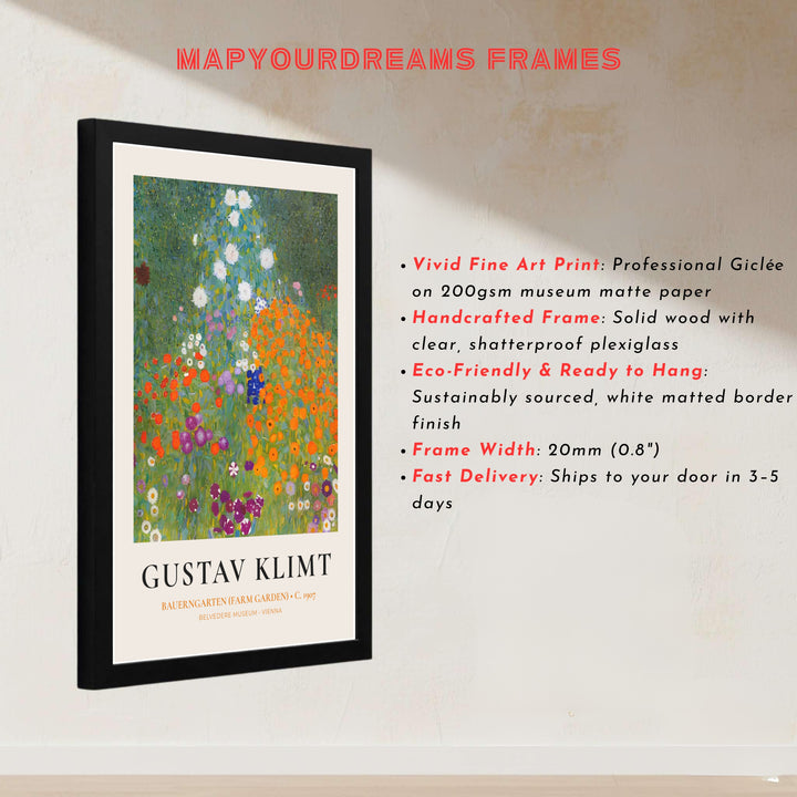 Master Austrian landscape print of Gustav Klimt Bauerngarten Farm Garden 1907 displaying wild meadow blossoms from the Belvedere Museum in Vienna, Austria. MapYourDreams presents quality framed wall art, unframed poster options, and stretched canvas formats for curated space styling.