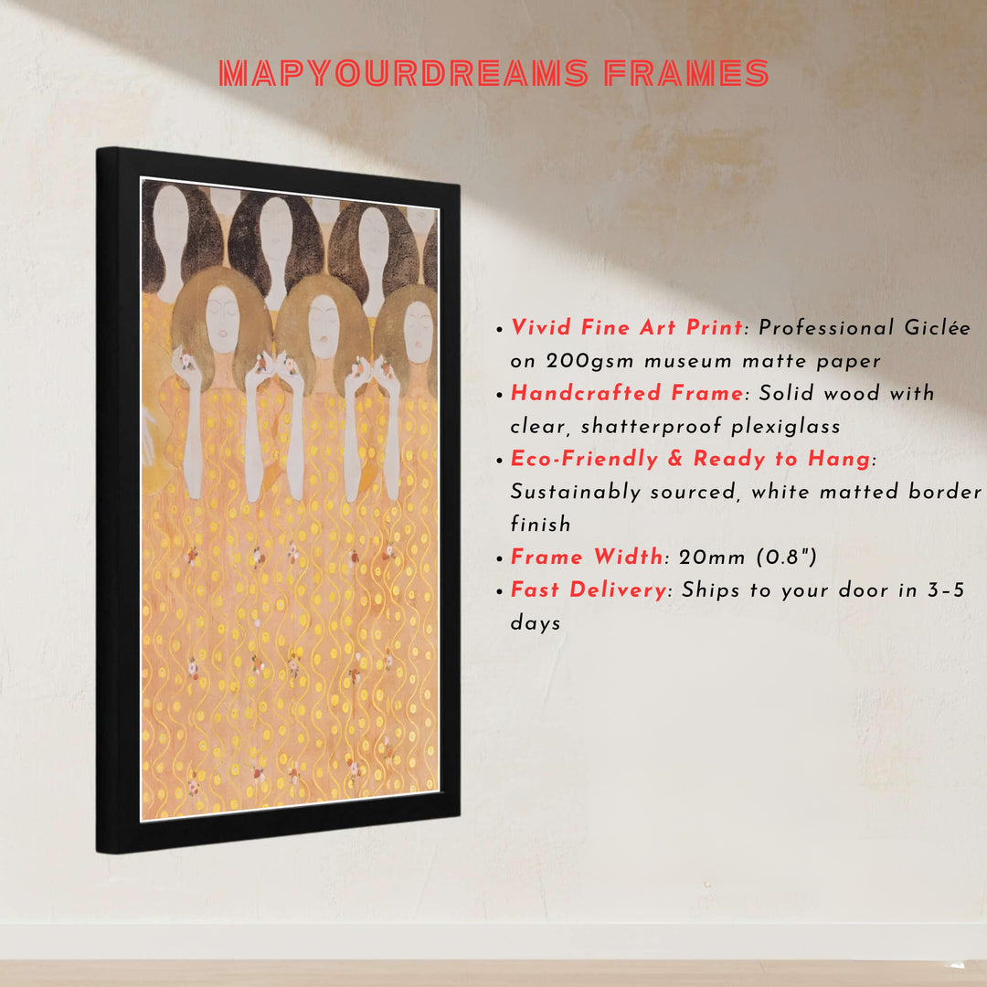 Master Austrian landscape and mural print of Gustav Klimt Beethoven Frieze Secession Building Vienna 1902 displaying symbolic figures from Vienna, Austria. MapYourDreams presents quality framed wall art, unframed poster options, and stretched canvas formats for curated space styling.