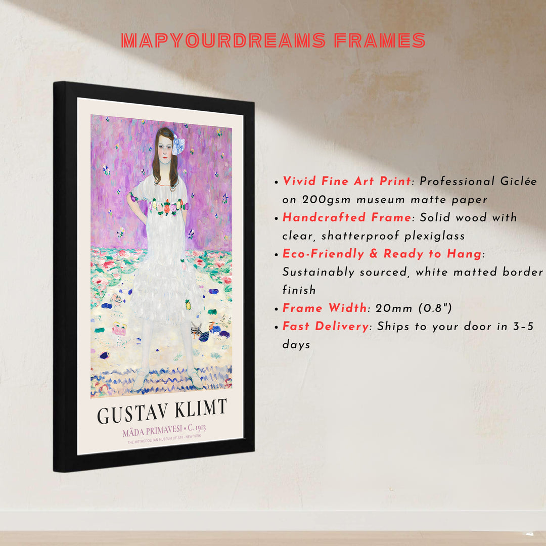 Master Austrian portrait poster of Gustav Klimt Mada Primavesi 1913 displaying decorative Japanese-inspired motifs from The Metropolitan Museum of Art in New York. MapYourDreams presents quality framed wall art, unframed poster options, and stretched canvas formats for refined wall styling.
