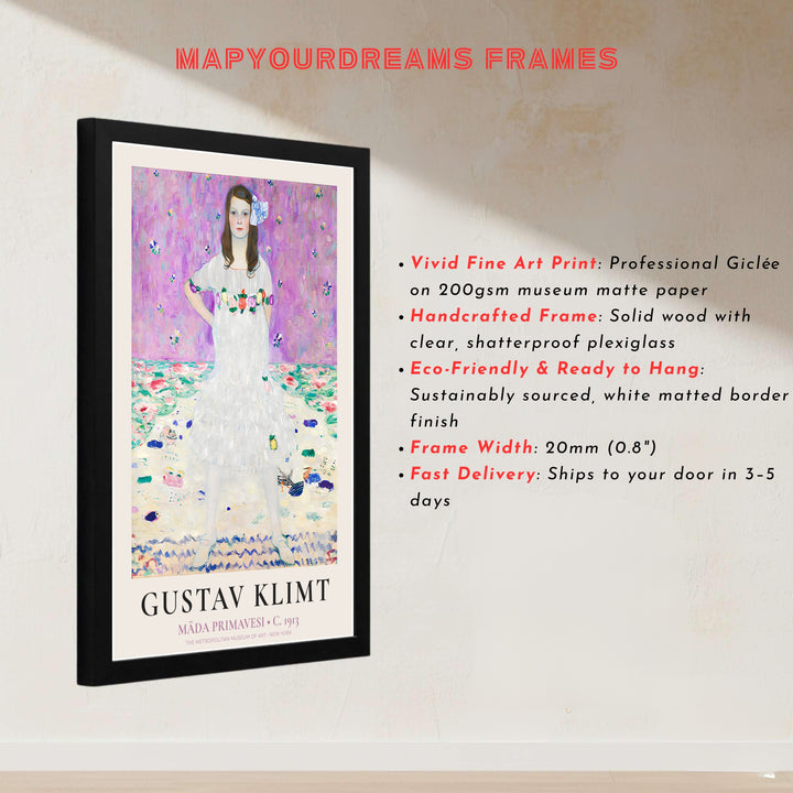 Master Austrian portrait poster of Gustav Klimt Mada Primavesi 1913 displaying decorative Japanese-inspired motifs from The Metropolitan Museum of Art in New York. MapYourDreams presents quality framed wall art, unframed poster options, and stretched canvas formats for refined wall styling.