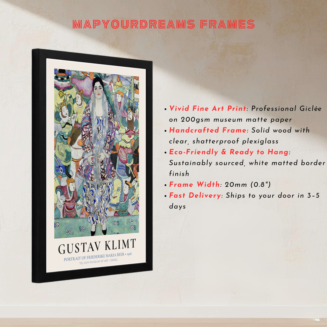Avant-garde textile girl poster print of Gustav Klimt Portrait Of Friederike Maria Beer 1916 produced with saturated giclée inks from Tel Aviv Museum of Art in Israel. Buy high-definition framed prints, unframed paper wall poster decor, and gallery canvas choices directly from MapYourDreams.