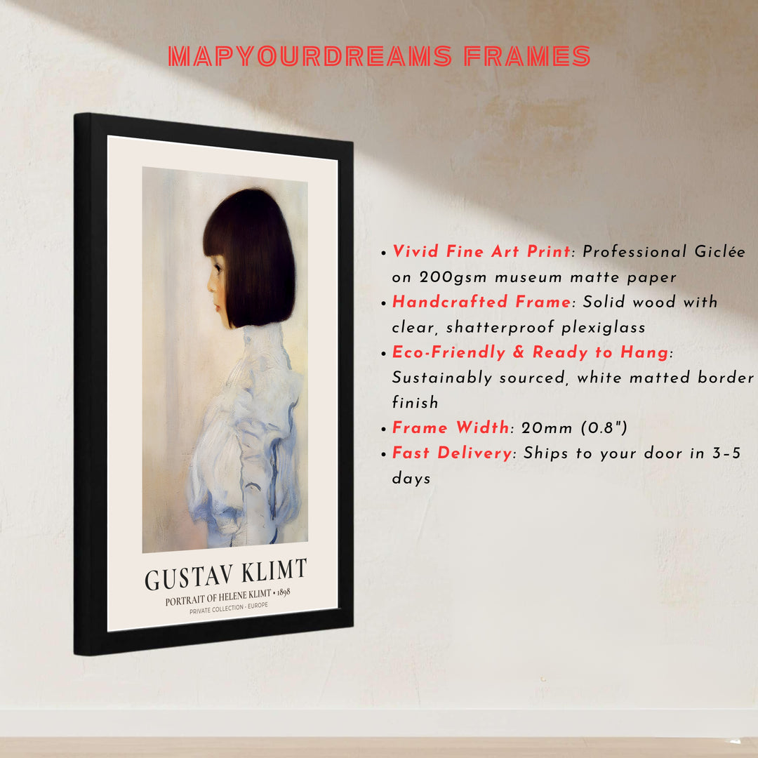 Iconic early Impressionist art print of Gustav Klimt Portrait Of Helene Klimt 1898 featuring quiet profile posing from a Private Collection in Europe. Explore ready-to-hang framed wall art, unframed paper poster prints, and gallery canvas decor available directly from MapYourDreams online store.