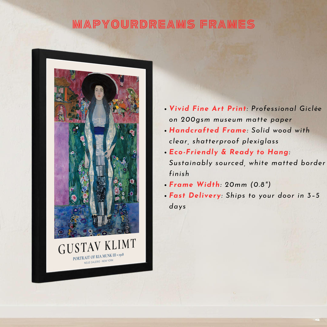 Late Klimt garden portrait poster print of Gustav Klimt Portrait Of Ria Munk III 1918 produced with intense giclée color accuracy from Neue Galerie New York. Buy high-definition framed prints, unframed paper wall poster decor, and gallery canvas choices directly from MapYourDreams store.