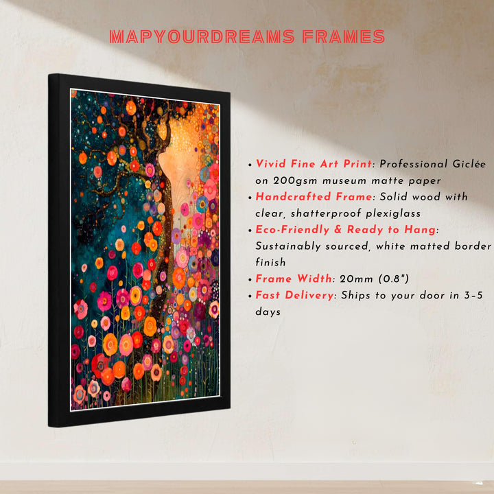 Masterful botanical landscape poster of Gustav Klimt Style Dream Of Flowers displaying rich mosaic texture and gold tones. MapYourDreams presents quality framed wall art, unframed poster options, and stretched canvas formats for refined, expressive home wall styling.