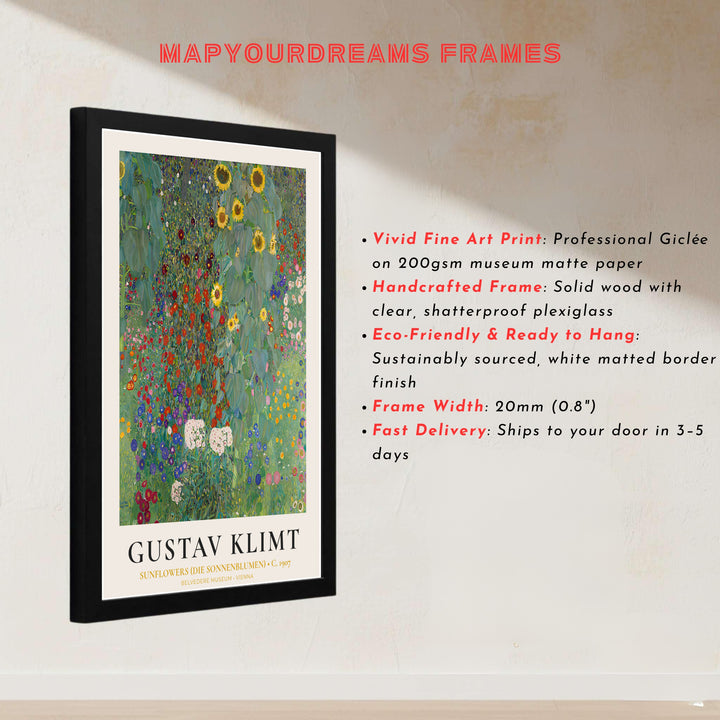 Classic museum wall decor poster of Gustav Klimt Sunflowers Die Sonnenblumen 1907 at Belvedere Museum Vienna featuring intricate organic details. Buy high-definition framed prints, unframed paper wall poster decor, and gallery canvas choices directly from MapYourDreams to complete your home.